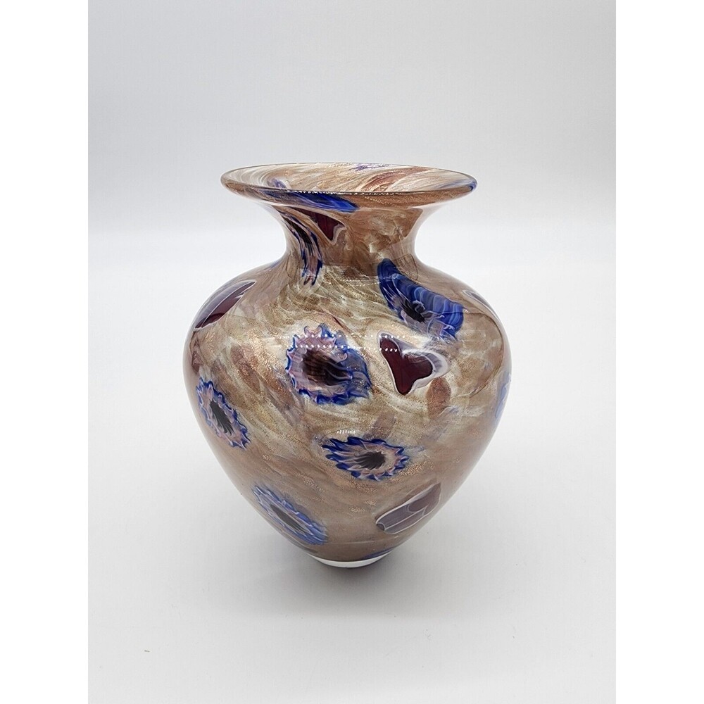 Vtg Art Glass Signed Gold Sparkle Blue Red Heart Swirl Millefiore 5.5” Tall Vase
